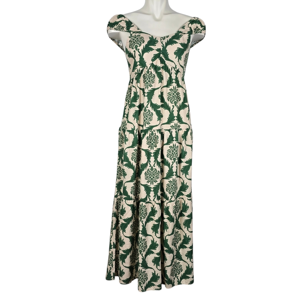 Monteau Los Angeles Women's Linen Blend Tiered Maxi Dress Green Floral Sz Small
